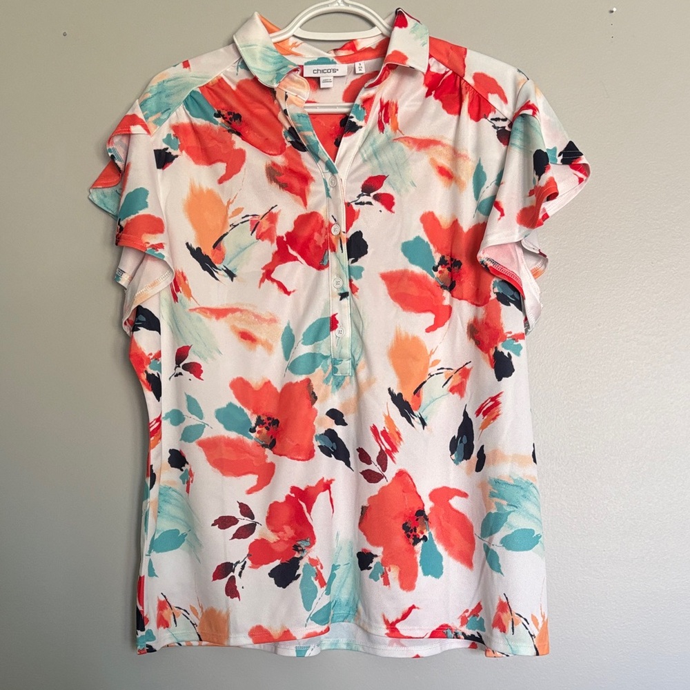 Chico's Vibrant Floral shirt with Ruffle Sleeves